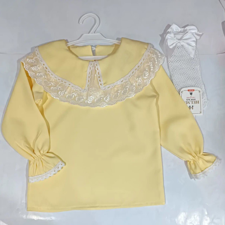 شومیز مجلسی دخترانه بچگانه یقه دلبری گیپوردار جنس مازاراتی درجه۱ (۴ سال تا ۱۲ سال ))